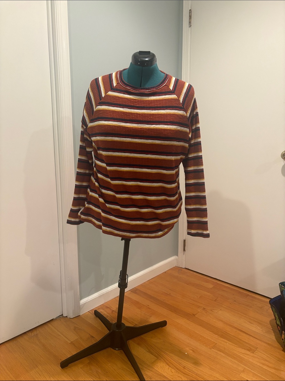 Striped Long-Sleeve Knit Top in Burgundy and Mustard